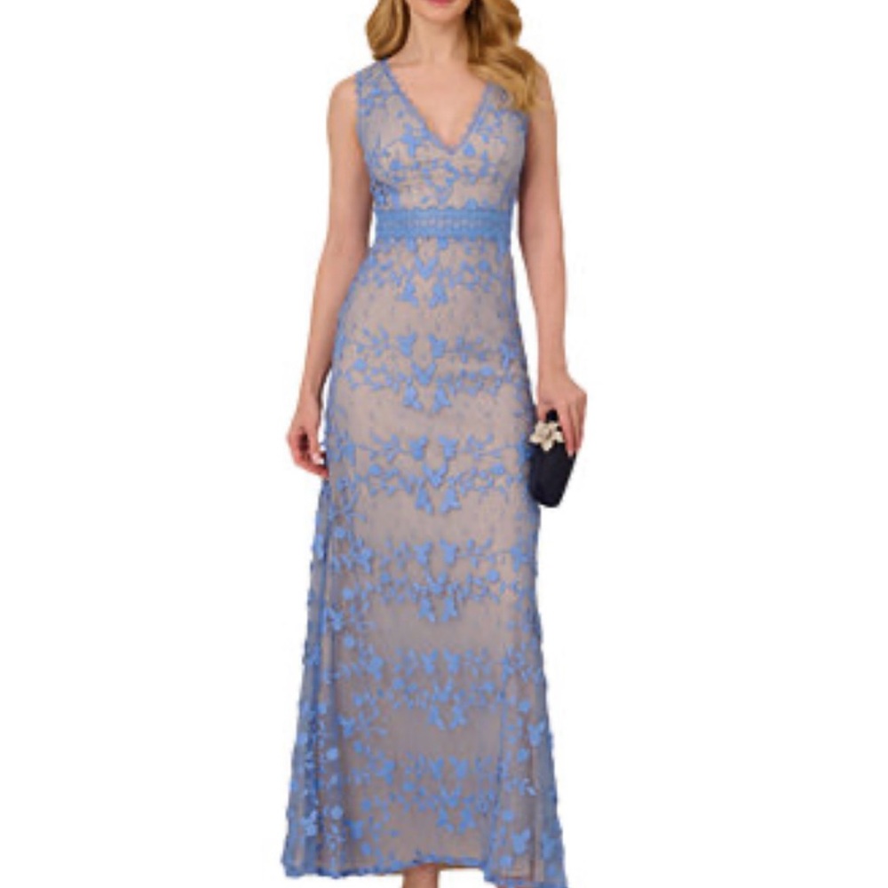 NWT Adrianna Papell Blue Lace Overlay Maxi Dress